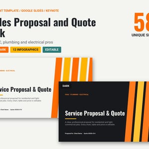 May include: A digital presentation template titled Trades Proposal and Quote Deck for HVAC, plumbing, and electrical professionals. It includes 58 unique slides, 12 infographics, and editable light and dark themes with orange and yellow stripes.