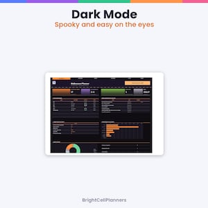 May include: A digital Halloween planner interface displayed on a tablet screen with a dark mode theme. The dashboard features orange, green, and purple data charts, tables, and the text Dark Mode Spooky and easy on the eyes BrightCellPlanners.