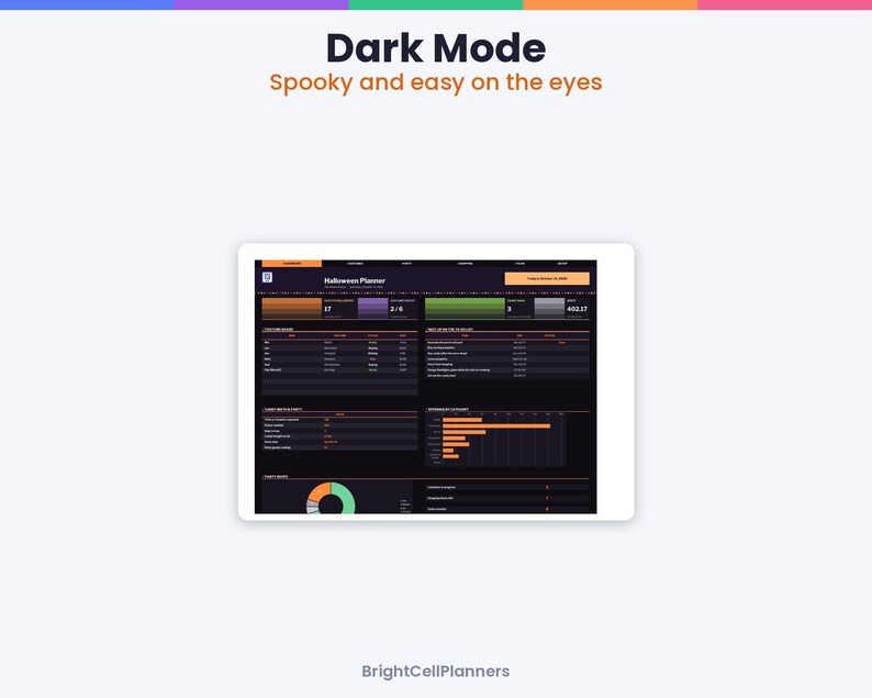 May include: A digital Halloween planner interface displayed on a tablet screen with a dark mode theme. The dashboard features orange, green, and purple data charts, tables, and the text Dark Mode Spooky and easy on the eyes BrightCellPlanners.