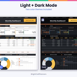May include: A digital monthly debt dashboard template featuring two color themes: light mode with a white background and dark mode with a black background. Both versions display financial data, debt tables, and circular charts labeled Monthly Dashboard.