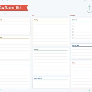 May include: A Port Day Planner page featuring a red header, anchor pattern background, and sections for daily itinerary, port details, food to try, cash and cards, and notes. The layout includes lined spaces for writing and checkboxes for lists.
