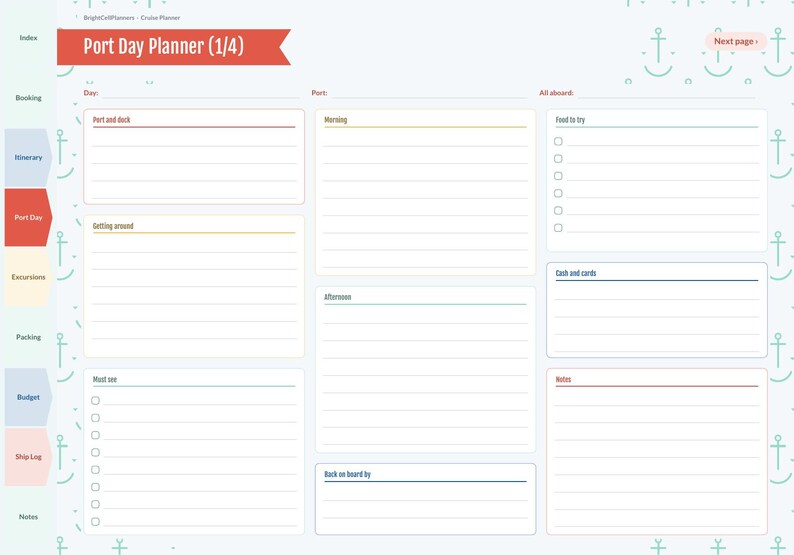 May include: A Port Day Planner page featuring a red header, anchor pattern background, and sections for daily itinerary, port details, food to try, cash and cards, and notes. The layout includes lined spaces for writing and checkboxes for lists.
