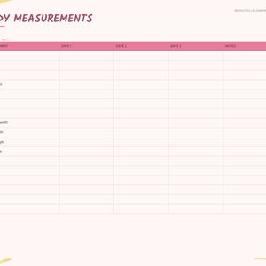 May include: A light pink sewing project planner page titled BODY MEASUREMENTS. The table includes columns for measurement type, three dates, and notes. Rows list body parts like height, bust, waist, hip, shoulder, arm, and neck measurements.