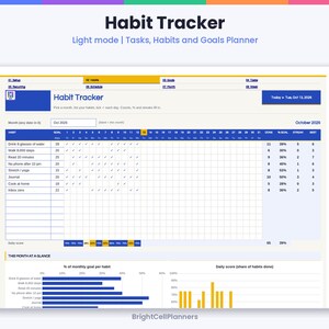 May include: A digital habit tracker planner interface titled Habit Tracker, Light mode | Tasks, Habits and Goals Planner. It features a monthly grid for tracking daily habits, goal progress bars, and a section for monthly summaries by BrightCellPlanners.
