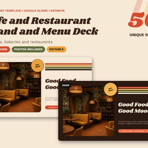 May include: A digital presentation template titled Cafe and Restaurant Brand and Menu Deck featuring 56 unique slides. The design includes light and dark color schemes, editable text, and photos of cafe interiors with yellow booths.
