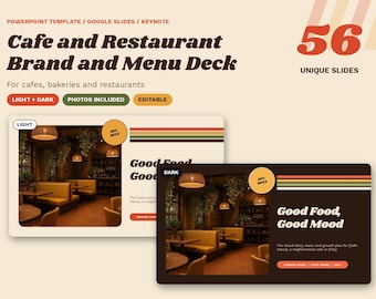 Może przedstawiać: Cyfrowy szablon prezentacji zatytułowany Cafe and Restaurant Brand and Menu Deck zawierający 56 unikalnych slajdów. Projekt obejmuje jasne i ciemne schematy kolorów, edytowalny tekst oraz zdjęcia wnętrz kawiarni z żółtymi ławkami.