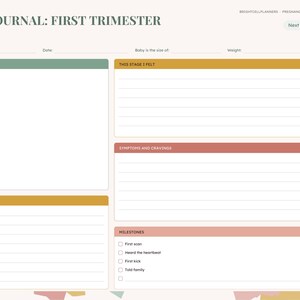 Może przedstawiać: Cyfrowa strona dziennika ciążowego zatytułowana BUMP JOURNAL: FIRST TRIMESTER. Układ zawiera sekcje na zdjęcie brzuszka, notatki dla dziecka, odczucia, objawy, zachcianki i kamienie milowe na kremowym tle.