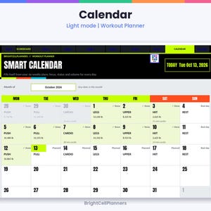 May include: A digital workout planner calendar interface titled Smart Calendar for October 2026. The layout features a grid with days of the week, color-coded headers, and daily fitness tracking entries including push, pull, cardio, legs, upper, HIIT, and rest days.