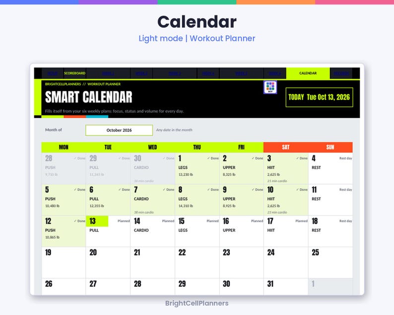 May include: A digital workout planner calendar interface titled Smart Calendar for October 2026. The layout features a grid with days of the week, color-coded headers, and daily fitness tracking entries including push, pull, cardio, legs, upper, HIIT, and rest days.
