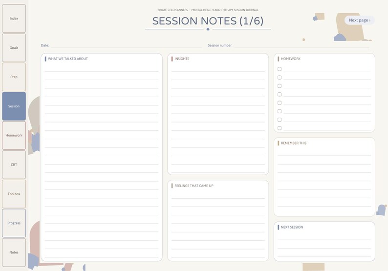 May include: A digital therapy session journal page titled SESSION NOTES (1/6) with a navigation sidebar. The layout includes sections for What We Talked About, Insights, Homework with checkboxes, Feelings That Came Up, Remember This, and Next Session.