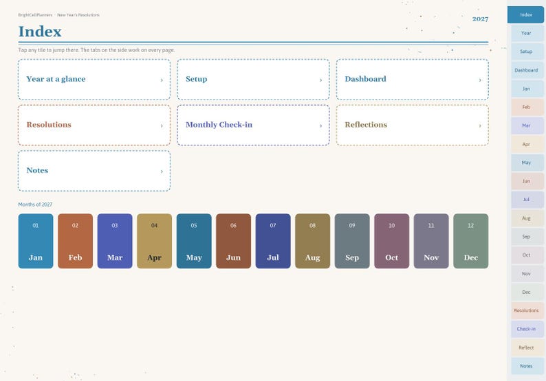May include: A digital planner index page for 2027 featuring a navigation sidebar and clickable tiles labeled Year at a glance, Setup, Dashboard, Resolutions, Monthly Check-in, Reflections, and Notes, with a row of twelve colored month buttons.