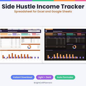 May include: Side Hustle Income Tracker spreadsheet for Excel and Google Sheets featuring light and dark mode dashboards with financial data, bar charts, and pie graphs. Includes text labels for Instant Download and Auto Formulas.