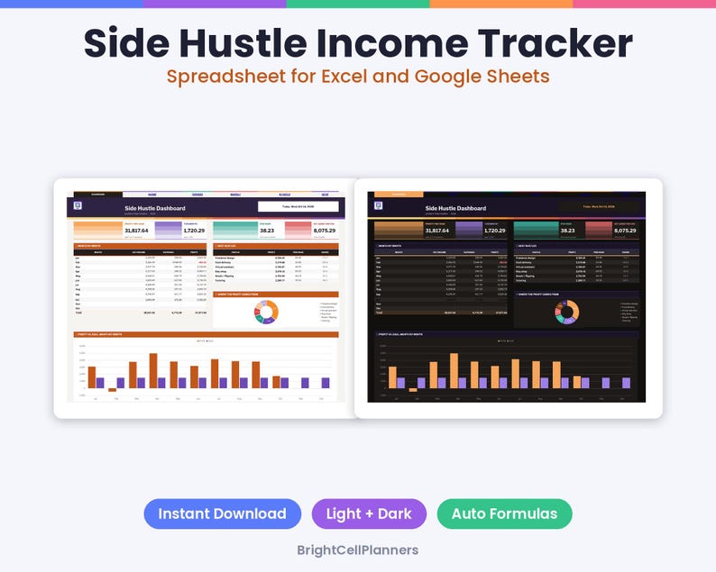 May include: Side Hustle Income Tracker spreadsheet for Excel and Google Sheets featuring light and dark mode dashboards with financial data, bar charts, and pie graphs. Includes text labels for Instant Download and Auto Formulas.