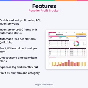 May include: A digital reseller profit tracker dashboard featuring a list of features including net profit, sales, ROI, inventory value, automatic fees, profit per item, stale-item alerts, expenses log, and profit by platform and category.