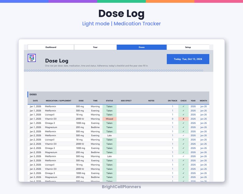 Puede incluir: Una interfaz digital de seguimiento de medicamentos titulada Dose Log con un tema de modo claro. La hoja de c&aacute;lculo muestra columnas para fecha, medicamento, dosis, hora, estado, efectos secundarios, notas y seguimiento.