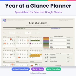 K&ouml;nnte beinhalten: Eine digitale Year at a Glance Planner Tabellenkalkulation f&uuml;r Excel und Google Sheets. Die Oberfl&auml;che zeigt einen 12-Monats-Kalender f&uuml;r 2026, eine automatische farbcodierte Kategorienlegende und eine Liste anstehender Termine auf beigem Grund.