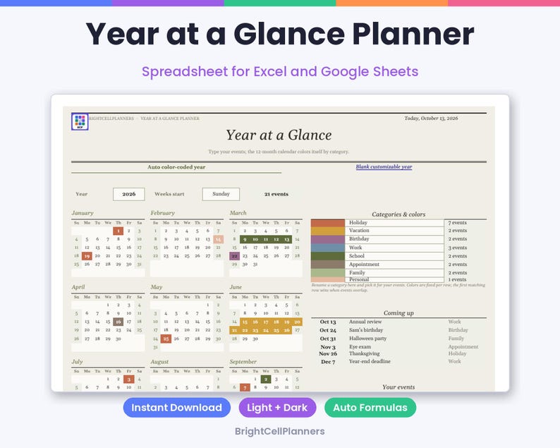 K&ouml;nnte beinhalten: Eine digitale Year at a Glance Planner Tabellenkalkulation f&uuml;r Excel und Google Sheets. Die Oberfl&auml;che zeigt einen 12-Monats-Kalender f&uuml;r 2026, eine automatische farbcodierte Kategorienlegende und eine Liste anstehender Termine auf beigem Grund.