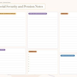 K&ouml;nnte beinhalten: Eine digitale Seite f&uuml;r einen Ruhestandsplaner mit der &Uuml;berschrift Social Security and Pension Notes. Sie enth&auml;lt Abschnitte f&uuml;r Sozialversicherungsbeitr&auml;ge, Rentenpl&auml;ne, Entscheidungsnotizen, Fragen und Kontaktinformationen.