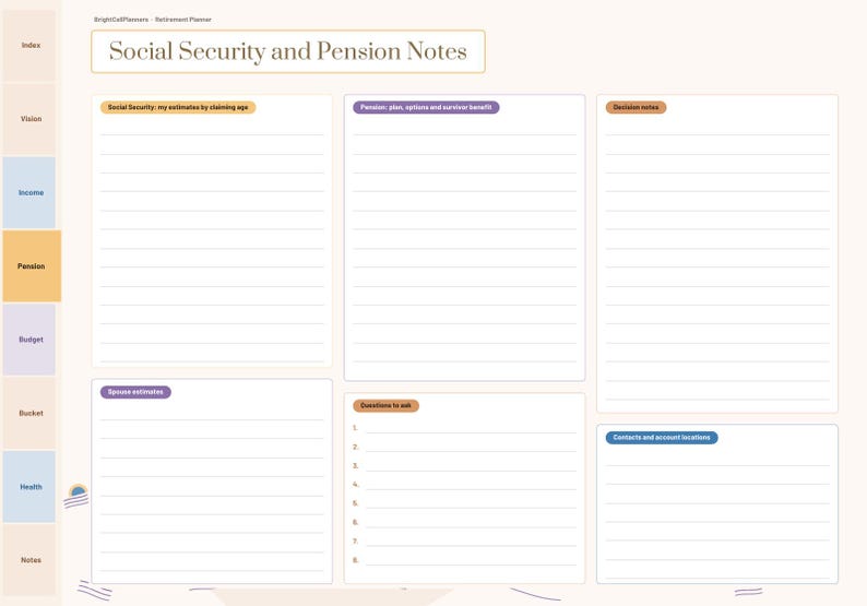K&ouml;nnte beinhalten: Eine digitale Seite f&uuml;r einen Ruhestandsplaner mit der &Uuml;berschrift Social Security and Pension Notes. Sie enth&auml;lt Abschnitte f&uuml;r Sozialversicherungsbeitr&auml;ge, Rentenpl&auml;ne, Entscheidungsnotizen, Fragen und Kontaktinformationen.