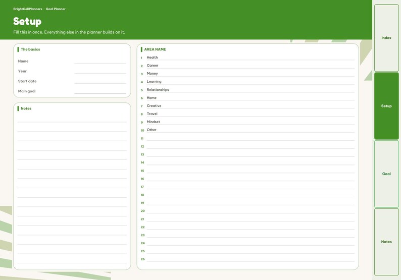 May include: A digital goal planner page with a green header labeled Setup. It includes sections for The basics, Notes, and a numbered Area Name list from 1 to 26. A vertical navigation bar on the right displays Index, Setup, Goal, and Notes.