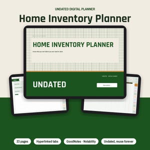 Puede incluir: Un planificador de inventario dom&eacute;stico digital mostrado en pantallas de tabletas. La interfaz presenta un fondo de cuadr&iacute;cula, acentos verde oscuro y el texto "Home Inventory Planner" y "Undated". Incluye pesta&ntilde;as de navegaci&oacute;n, 23 p&aacute;ginas y etiquetas de compatibilidad para GoodNotes y Notability.