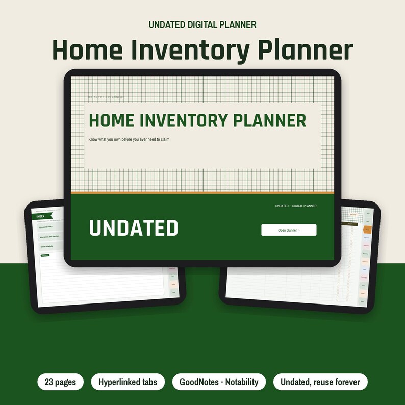 Puede incluir: Un planificador de inventario dom&eacute;stico digital mostrado en pantallas de tabletas. La interfaz presenta un fondo de cuadr&iacute;cula, acentos verde oscuro y el texto "Home Inventory Planner" y "Undated". Incluye pesta&ntilde;as de navegaci&oacute;n, 23 p&aacute;ginas y etiquetas de compatibilidad para GoodNotes y Notability.