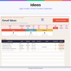 May include: A digital email content calendar template titled Ideas with a light mode interface. The layout features a dashboard with monthly tabs, status counters for ideas, and an idea bank table tracking email topics, priority, and status.