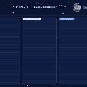May include: A dark blue digital journal page titled Happy Thoughts Journal (1/3) with a crescent moon and stars. It features three columns for entries labeled Three happy thoughts, Something that made me feel young, and Tomorrow I look forward to.