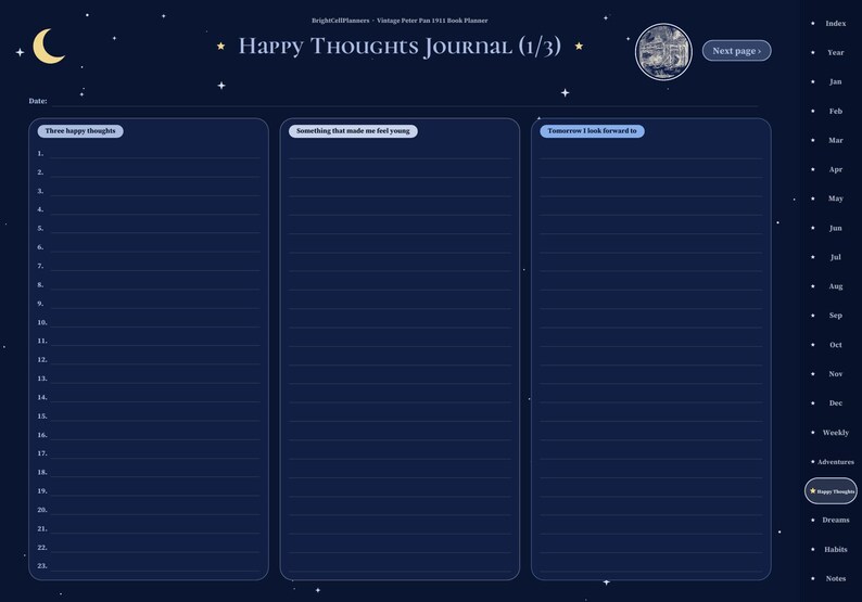 May include: A dark blue digital journal page titled Happy Thoughts Journal (1/3) with a crescent moon and stars. It features three columns for entries labeled Three happy thoughts, Something that made me feel young, and Tomorrow I look forward to.