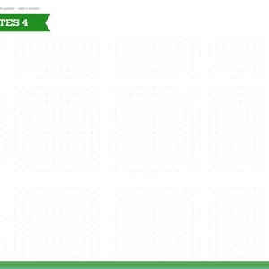 Puede incluir: Una p&aacute;gina de planificador digital titulada NOTES 4 con un fondo de cuadr&iacute;cula de puntos blancos. El dise&ntilde;o presenta una pancarta verde en el encabezado, una barra lateral con meses y acentos morados. Texto: BRIGHTCELLPLANNERS SIMPLE BUDGET.
