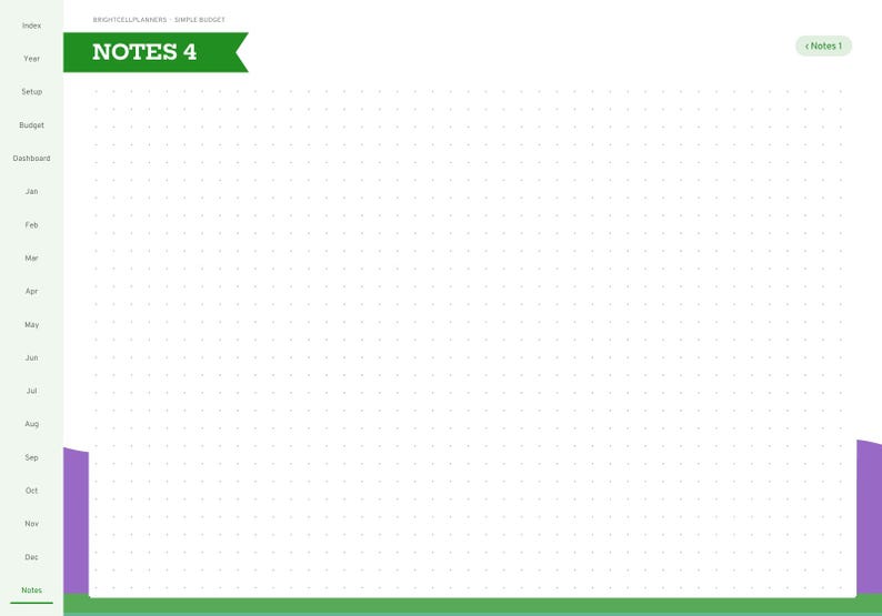 Puede incluir: Una p&aacute;gina de planificador digital titulada NOTES 4 con un fondo de cuadr&iacute;cula de puntos blancos. El dise&ntilde;o presenta una pancarta verde en el encabezado, una barra lateral con meses y acentos morados. Texto: BRIGHTCELLPLANNERS SIMPLE BUDGET.