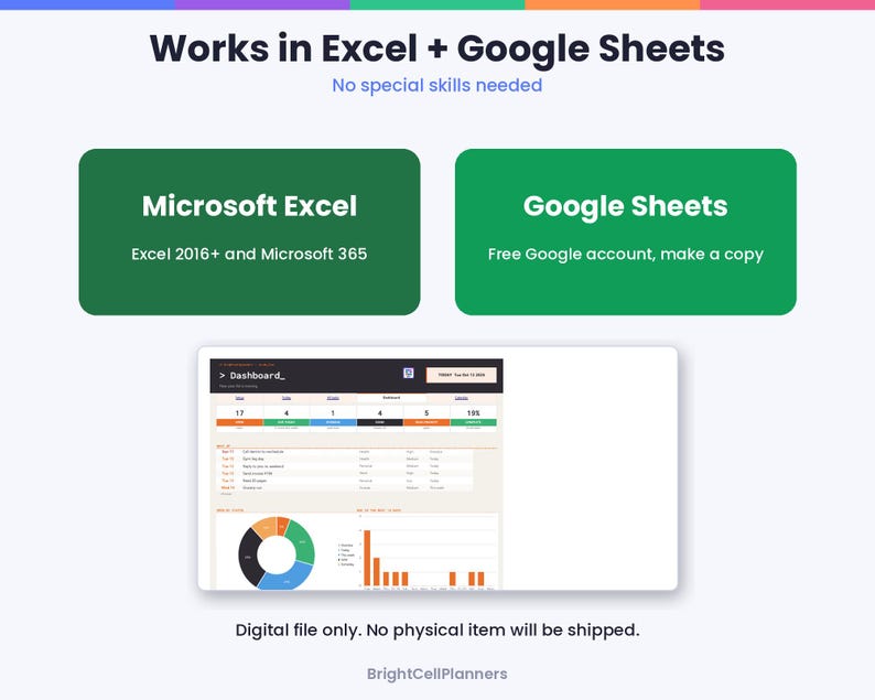 May include: A digital dashboard interface displayed on a screen with text reading Works in Excel + Google Sheets, No special skills needed, Microsoft Excel, Excel 2016+ and Microsoft 365, Google Sheets, Free Google account, make a copy, and BrightCellPlanners.