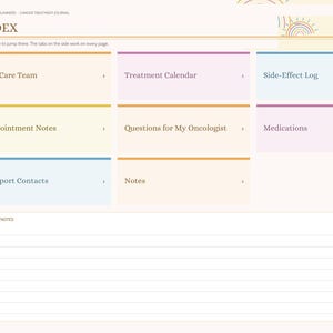 May include: A digital cancer treatment journal index page featuring a navigation sidebar and colorful rectangular tiles labeled My Care Team, Treatment Calendar, Side-Effect Log, Appointment Notes, Questions for My Oncologist, Medications, Support Contacts, and Notes, with a lined Quick Notes section at the bottom.