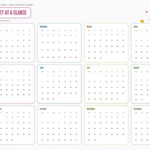 May include: A digital 2027 annual calendar planner page titled 2027 AT A GLANCE. It features twelve monthly grids with rounded corners, a sidebar navigation menu with labels like Index, Year, and Months, and colorful confetti accents.