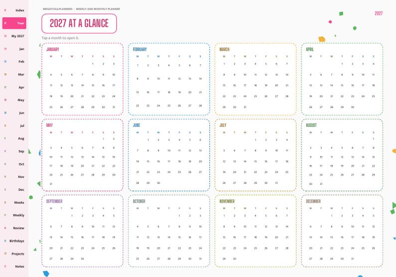 May include: A digital 2027 annual calendar planner page titled 2027 AT A GLANCE. It features twelve monthly grids with rounded corners, a sidebar navigation menu with labels like Index, Year, and Months, and colorful confetti accents.