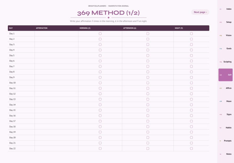 May include: A digital planner page titled 369 METHOD (1/2) with a table for tracking daily affirmations. The layout includes columns for Day, Affirmation, Morning (3), Afternoon (6), and Night (9) with checkboxes. A sidebar lists navigation tabs.