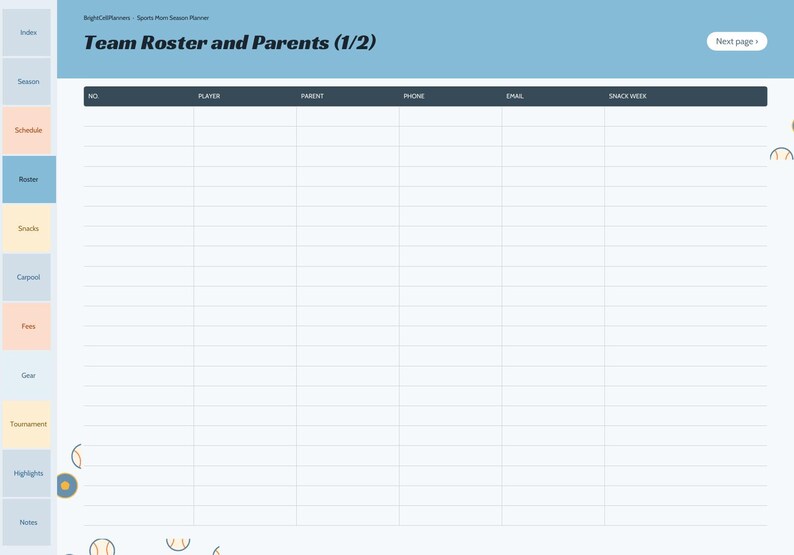 Planificador digital para mamás deportistas, calendario de la temporada, horario de refrigerios del equipo, seguimiento de viajes compartidos, lista de jugadores del equipo, cuotas, preparación para torneos. imagen 6