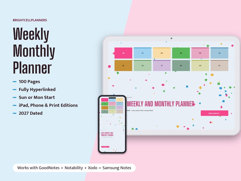 2027 Digital Planner Weekly and Monthly, Dated Weekly Spreads, Monthly Calendar, Habit Tracker, Tablet Planner Hyperlinked image 1