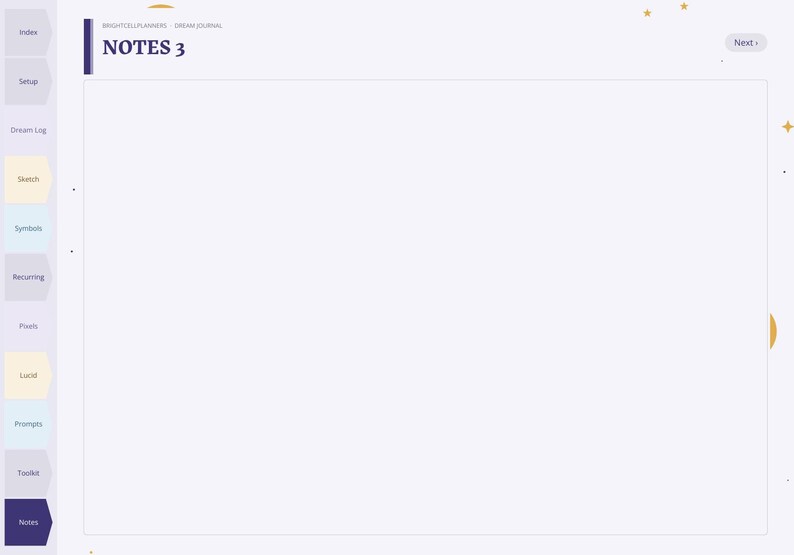 May include: A digital dream journal page titled NOTES 3 with a light purple background. The left side features a vertical navigation bar with tabs labeled Index, Setup, Dream Log, Sketch, Symbols, Recurring, Pixels, Lucid, Prompts, Toolkit, and Notes.