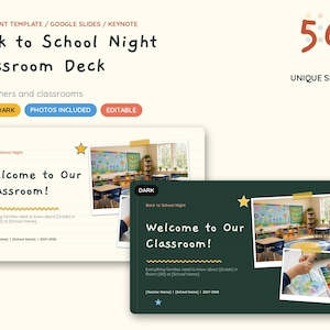 May include: A digital presentation template titled Back to School Night Classroom Deck featuring 56 unique slides in light and dark themes. The slides include placeholders for text, classroom photos, and decorative star icons for teachers.
