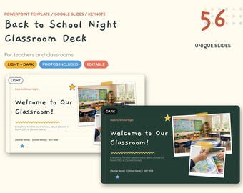 Może przedstawiać: Cyfrowy szablon prezentacji zatytułowany Back to School Night Classroom Deck zawierający 56 unikalnych slajdów w jasnych i ciemnych motywach. Slajdy zawierają miejsca na tekst, zdjęcia klas oraz dekoracyjne ikony gwiazdek dla nauczycieli.