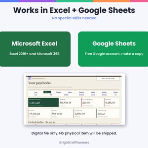 Puede incluir: Una interfaz de hoja de c&aacute;lculo digital para el seguimiento de n&oacute;minas titulada Your paychecks, con campos de datos para ingresos, ahorros y cronogramas. El gr&aacute;fico incluye el texto Works in Excel + Google Sheets y BrightCellPlanners.