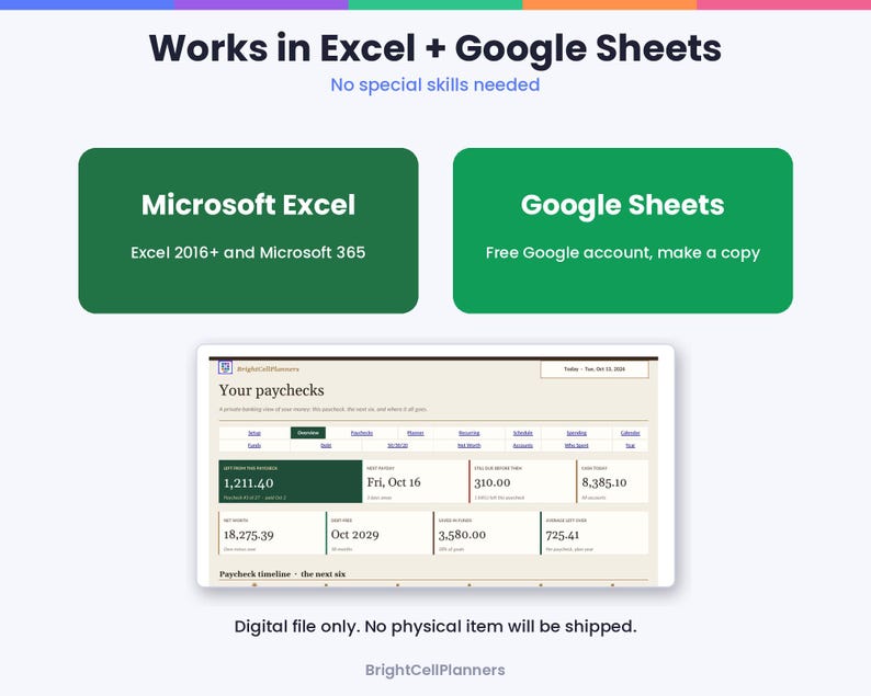 Puede incluir: Una interfaz de hoja de c&aacute;lculo digital para el seguimiento de n&oacute;minas titulada Your paychecks, con campos de datos para ingresos, ahorros y cronogramas. El gr&aacute;fico incluye el texto Works in Excel + Google Sheets y BrightCellPlanners.