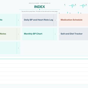 May include: A digital health planner index page titled INDEX with tiles for My Health Info, Daily BP and Heart Rate Log, Medication Schedule, Doctor Visit Notes, Monthly BP Chart, and Salt and Diet Tracker, plus a Quick Notes section.