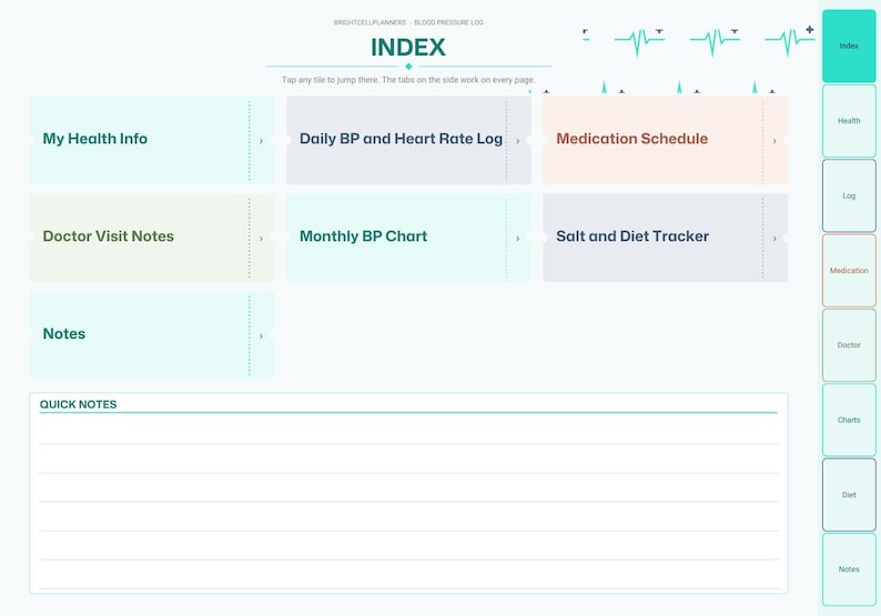 May include: A digital health planner index page titled INDEX with tiles for My Health Info, Daily BP and Heart Rate Log, Medication Schedule, Doctor Visit Notes, Monthly BP Chart, and Salt and Diet Tracker, plus a Quick Notes section.