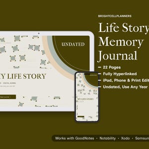 May include: A digital Life Story Memory Journal displayed on a tablet and smartphone screen. The interface features a cream background with olive green accents, the text "MY LIFE STORY," "UNDATED," and "BRIGHTCELLPLANNERS" branding.