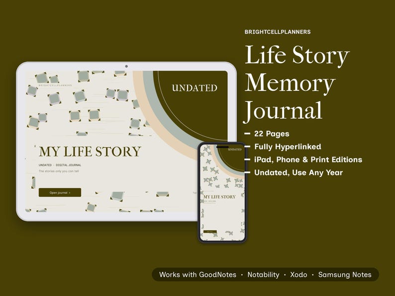 May include: A digital Life Story Memory Journal displayed on a tablet and smartphone screen. The interface features a cream background with olive green accents, the text "MY LIFE STORY," "UNDATED," and "BRIGHTCELLPLANNERS" branding.