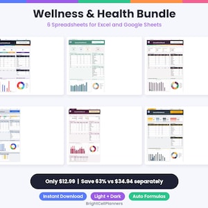 May include: A digital bundle titled Wellness & Health Bundle featuring 6 spreadsheets for Excel and Google Sheets. The image displays six distinct dashboard layouts with various color schemes, data tables, bar charts, and pie charts for tracking.