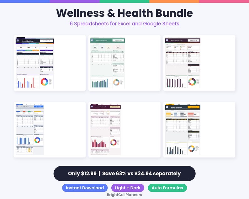May include: A digital bundle titled Wellness & Health Bundle featuring 6 spreadsheets for Excel and Google Sheets. The image displays six distinct dashboard layouts with various color schemes, data tables, bar charts, and pie charts for tracking.