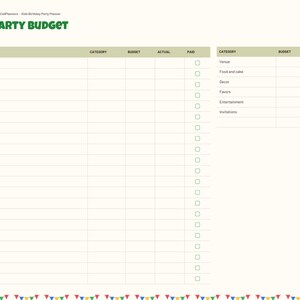 May include: A digital party budget planner template with a cream background, featuring a green header labeled PARTY BUDGET. It includes a large table for itemized expenses and a smaller summary table for categories like venue, food, and decor.